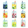 Flat vector set of delicious detox drinks with various ingredients. Refreshing fruit water. Natural and healthy