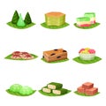 Flat vector set of delicious Indonesian desserts. Tasty and sweet food. Culinary theme. Elements for poster, menu or