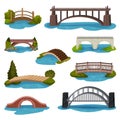 Flat vector set of different bridges. Wooden, metal and brick footbridges. Constructions for transportation