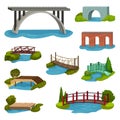 Flat vector set of different bridges. Wooden, metal, brick and stone footbridges. Constructions for city, backyard and