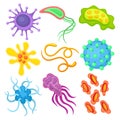 Flat vector set of different dangerous viruses. Pathogenic bacteria. Biology microorganism. Science and medicine theme