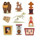 Flat vector set of 9 different museum objects. Ancient exhibits, tickets, prohibition signs