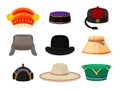 Flat vector set of different national headwear. Headdress for men and women. Fashion theme