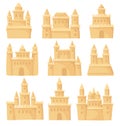 Flat vector set of different sand castles. Fortress with towers. Beach holiday theme. Elements for children book, mobile