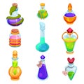 Flat vector set of different small bottles with potions. Glass vials with colorful liquids. Magic elixirs. Game icons Royalty Free Stock Photo