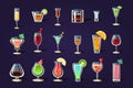 Flat vector set with different transparent glasses and cocktails. Refreshing summer drinks. Tasty alcoholic beverages