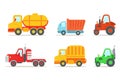 Flat vector set of different types of vehicles. Semi trailer, tractors, lorry, truck with tank. Transport or car theme