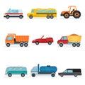 Flat vector set of different urban transport. Public, industrial and service cars. Passengers automobiles