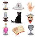 Flat vector set of divination icons. Ritual attributes. Black cat, cup with coffee grounds, potion, book, candle, scary Royalty Free Stock Photo