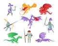 Flat vector set of dragons and medieval knights. Warriors in iron armor. Mythical monsters with large wings