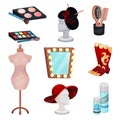 Flat vector set of dressing room icons. Cosmetic products for makeup, accessories and mannequins with wig and hat Royalty Free Stock Photo
