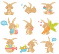 Flat vector set of Easter rabbit in different actions. Adorable brown bunny with long ears and short tail Royalty Free Stock Photo