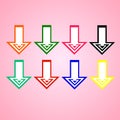 Flat vector: set of eight simple bright colored arrows on pink background. Symmetrical, graphic, clear lines. Royalty Free Stock Photo