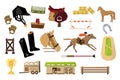 Flat vector set of equestrianism sport objects. Man, horse, wooden barn and fence, rider s equipment, trophy, stack of Royalty Free Stock Photo