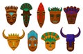 Flat vector set of ethnic wooden masks. Ritual attributes. Symbols of ancient African tribes. Elements for promo flyer Royalty Free Stock Photo