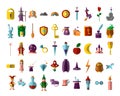 Flat vector set of fabulous magical halloween items. Book, magic ball, wizard hat, bottles with elixirs, castle
