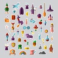 Flat vector set of fabulous magical halloween stickers. Book, magic ball, wizard hat, bottles with elixirs, castle