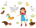 Flat vector set of farm birds, little girl with bucket of grain. Child feeding domestic fowl. Poultry farming Royalty Free Stock Photo
