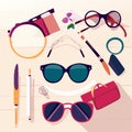 Flat vector of a set of female accessories sunglasses pencils perfume watches glasses clutch and other items. Generative AI