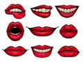 Flat vector set of female lips with bright red lipstick. Icons of women s mouths. Design for print, mobile app, sticker