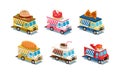 Flat vector set of food trucks. Cars with burger, ice-cream, bread, chicken legs and coffee on roof. Business on wheels