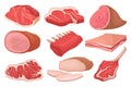 Flat vector set of fresh meat products. Food icons. Raw beef, pork, ribs of lamb, smoked ham and lard