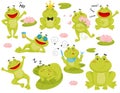 Flat vector set of frog in different actions. Cartoon character of funny green toad