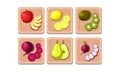 Flat vector set of fruits and vegetables on wooden boards. Sweet apple, lemon, kiwi and pear. Ripe beetroot and radish