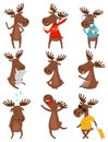 Flat vector set of funny brown moose elk in various actions. Wild forest animal with large branched horns