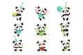 Flat vector set of funny little panda in various situations. Cartoon character of cute bamboo bear. Graphic design for Royalty Free Stock Photo