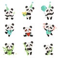 Flat vector set of funny little panda in various situations. Cartoon character of cute bamboo bear. Graphic design for