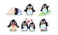 Flat vector set of funny penguins in different actions sleeping, surfing, skating, baby in diaper and pacifier in mouth Royalty Free Stock Photo