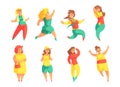 Flat vector set of funny plus size women. Cartoon female characters with overweight. People with happy face expressions