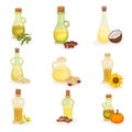 Flat vector set of glass bottles of different oils. Organic and healthy products. Natural cooking ingredients Royalty Free Stock Photo