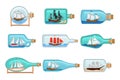 Flat vector set of glass bottles with ships inside. Sailing crafts. Miniature models of marine vessels. Hobby and sea