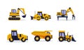 Flat vector set of heavy machinery for building. Construction equipment. Yellow excavator, tractor, dump truck, backhoe