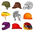 Flat vector set of 9 helmets. Protective headgear for soldier, horse rider, football player, biker, knight, builder and