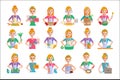 Flat vector set of housewife icons. Woman doing housework cooking, shopping, taking care of baby, cleaning, ironing