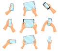 Flat vector set of human hands with smartphones and tablet computers. Electronic gadgets. Digital devices Royalty Free Stock Photo