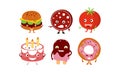 Flat vector set of humanized food. Burger, sausage, red tomato, birthday cake, ice-cream and donut with funny faces