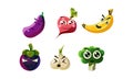 Flat vector set of humanized vegetables and fruits with different emotions. Funny cartoon characters Royalty Free Stock Photo