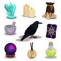 Flat vector set of icons related to divination theme. Mystical items. Magic sphere candles, wooden runes, raven, tarot