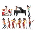 Flat vector set of jazz artists characters isolated on white. Black man playing drums, grand piano, electric guitar, and