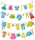 Flat vector set of kids clothes on rope. Apparel for newborn boy or girl. Bodysuit, skirt, t-shirt, sweater, pants, baby Royalty Free Stock Photo