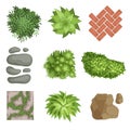 Flat vector set of landscape elements. Green plants, stones, different types of pathway covers. Top view. Royalty Free Stock Photo