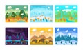 Flat vector set of landscapes with different seasons. Backgrounds for mobile game. Scenery with mountains, hills and