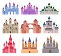 Flat vector set of large fairy tale castles. Medieval palaces with high towers and conical roofs