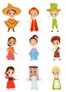 Flat vector set of little kids in different national costumes. Boys and girls wearing traditional clothes Royalty Free Stock Photo