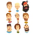 Flat vector set of male portraits with surprised and shocked facial expressions. Young guys and adult men. Cartoon Royalty Free Stock Photo