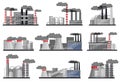 Flat vector set of manufacturing factories with buildings, smoking pipes and steel cisterns. Industrial architecture Royalty Free Stock Photo